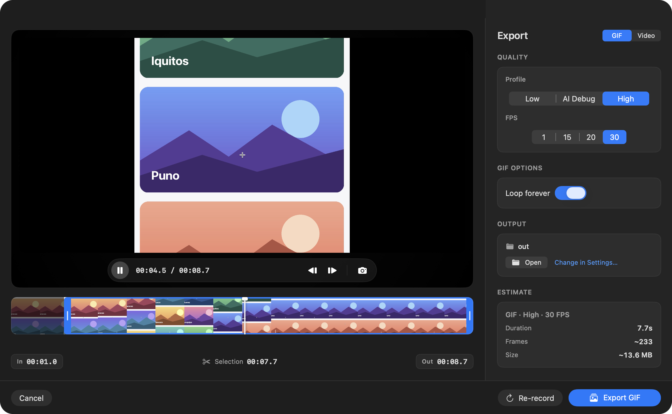 PeekOCR clip editor with a trimmed selection on the timeline and the GIF export panel set to the High profile at 30 FPS with Loop forever on.